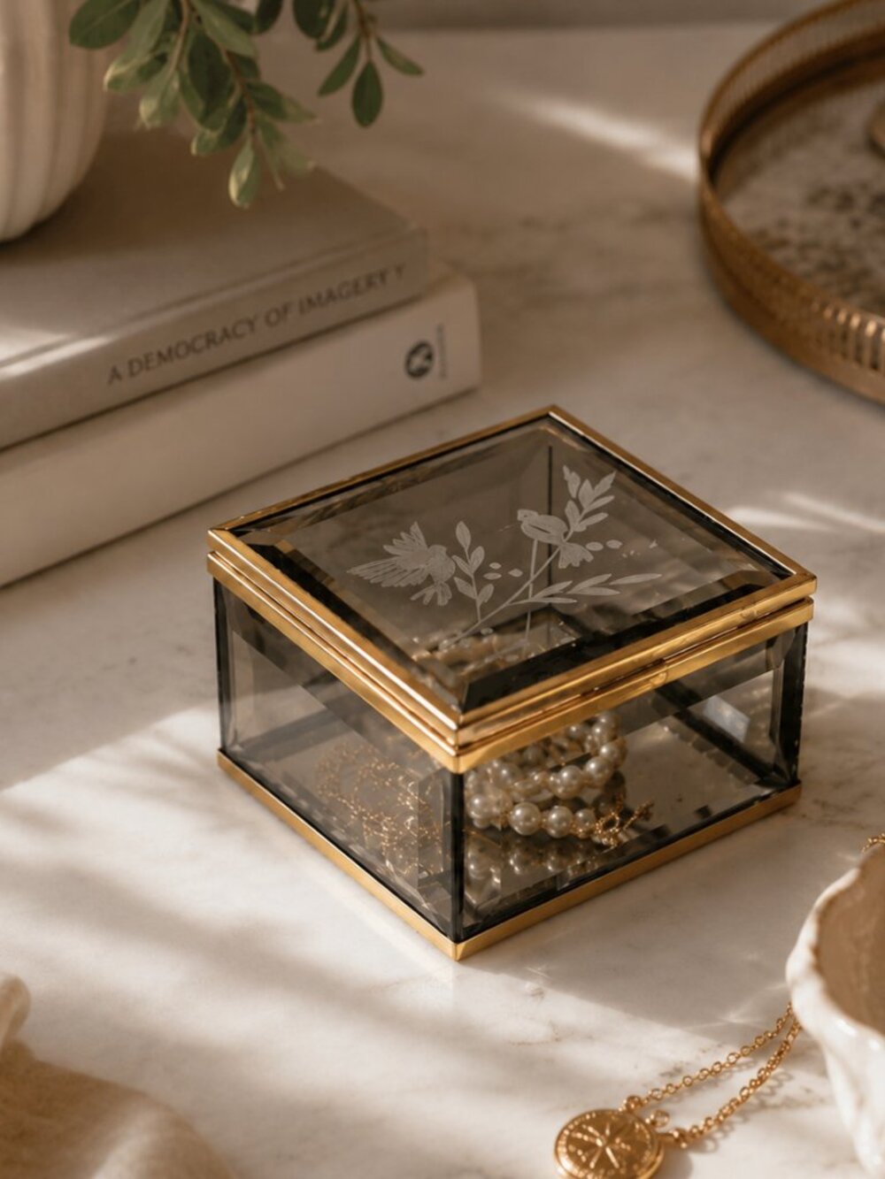 Vintage Smoke Glass Jewelry Box with Etched Doves & Brass Trim